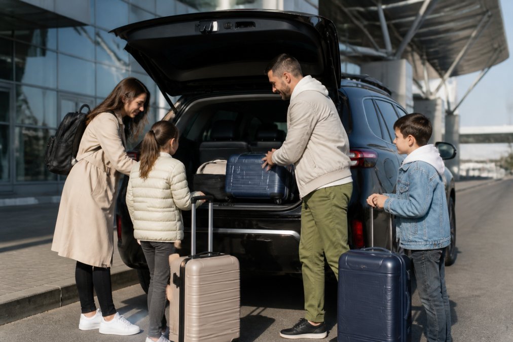 Une famille organise ses valises dans un véhicule de transport aéroport rive-sud spacieux et confortable.