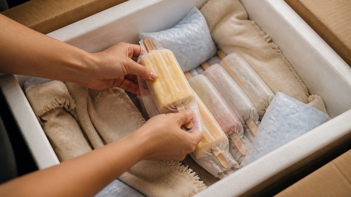 Step-by-step guide on how to pack and transport frozen desserts using insulated coolers and ice packs.