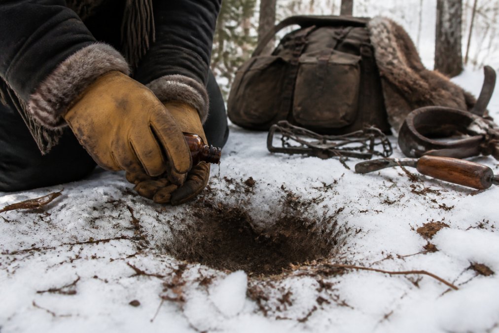 Close-up of a trapper's gloved hands applying a few drops of amber liquid lure from a small bottle onto a dirt hole set in a snowy forest clearing, with a trapper's pack and tools nearby