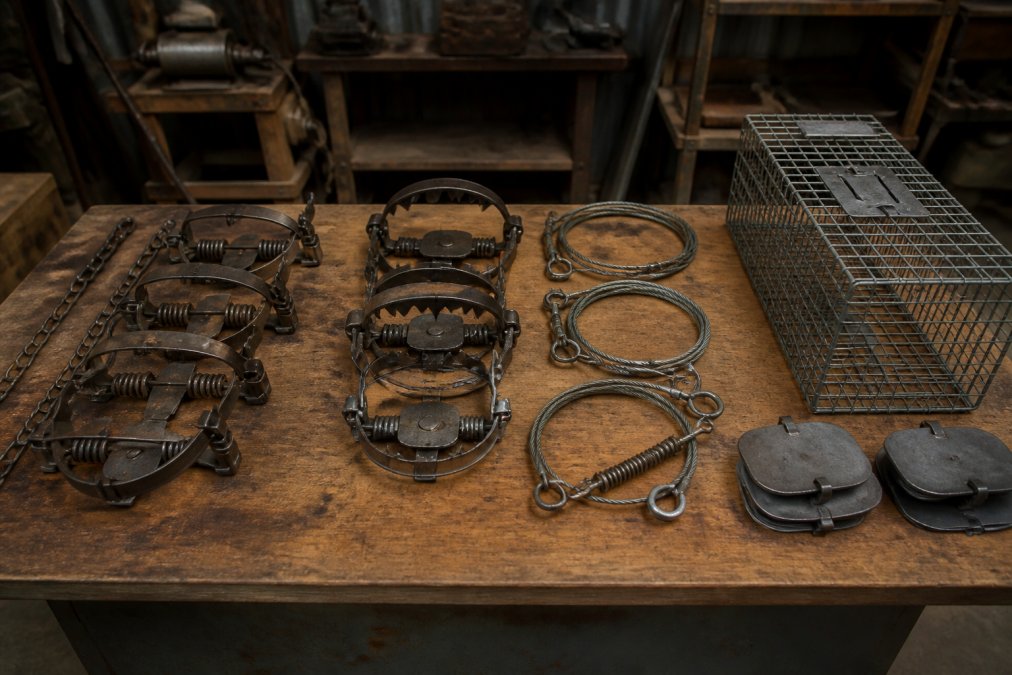 Professional trapper's workbench displaying organized foothold traps, bodygrip traps, cage traps, cable devices, and trap pan covers arranged by type with natural workshop lighting