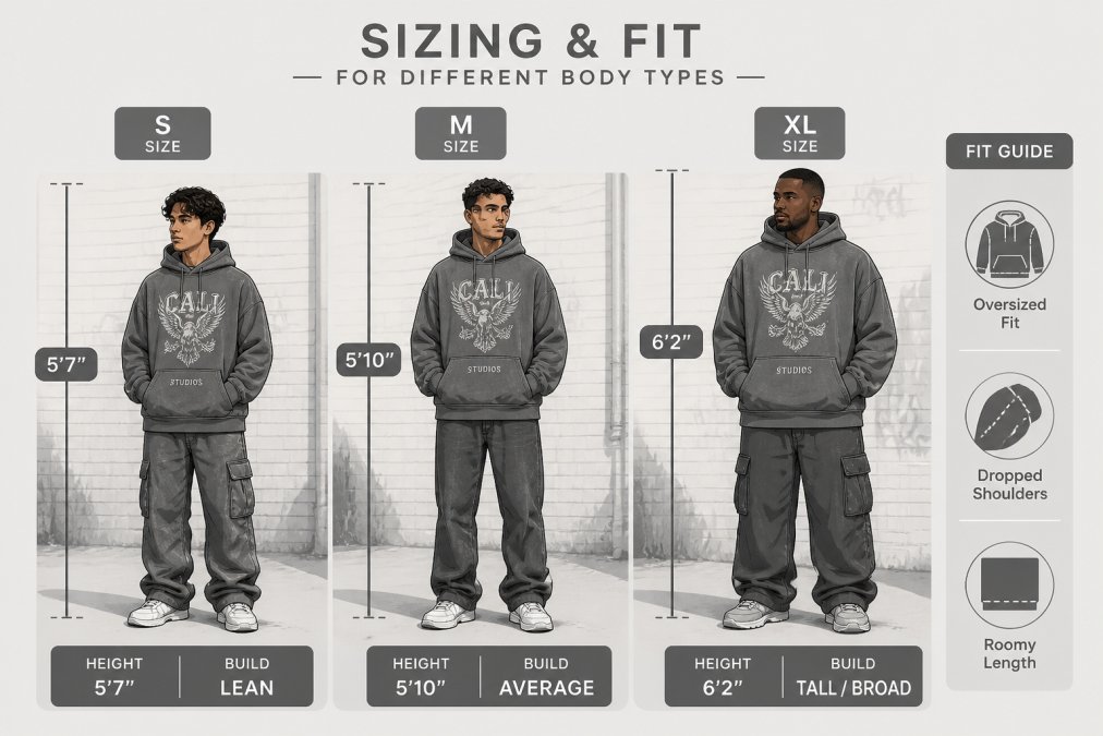 Three men of different heights and builds (one lean and under 5'8", one average build at 5'10", one tall and broad at 6'2") wearing the same oversized graphic hoodie in different sizes, demonstrating how fit adapts across body types in an urban street setting with brick walls and natural daylight