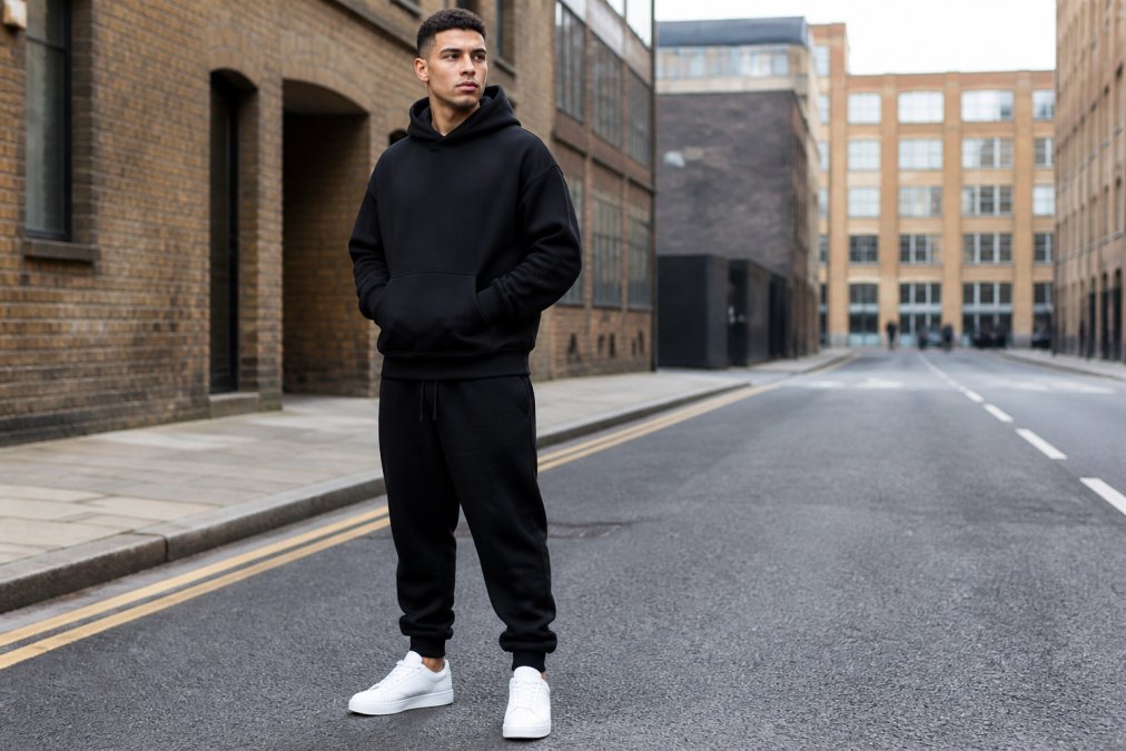 Young man wearing an oversized black hoodie with coordinated joggers and clean white trainers, standing in an urban street setting with natural daylight and brick buildings