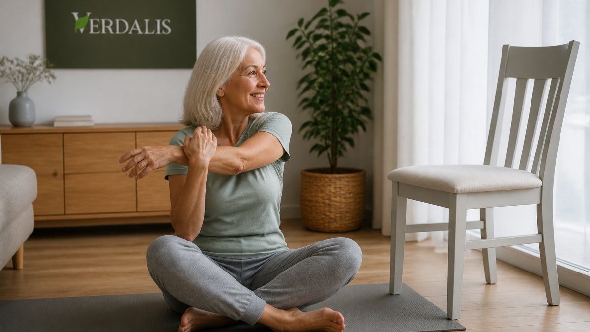 O femeie în vârstă, zâmbitoare, executând blând o rotație a umerilor pe un covor de yoga într-o cameră luminoasă de acasă, lângă un scaun stabil