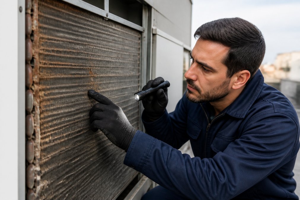 Un loro inspeccionando de cerca los serpentines sucios de un equipo de aire acondicionado, mostrando acumulación de polvo y óxido en detalle