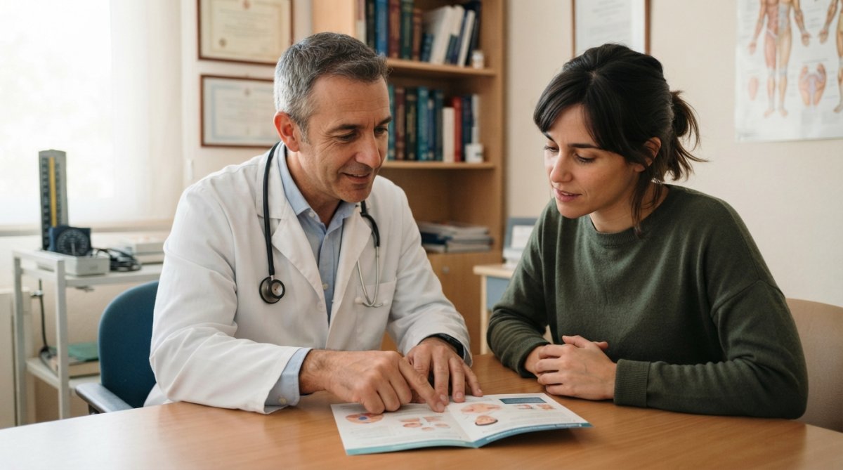Médico especialista explicando un tratamiento verrugas genitales a un paciente en un consultorio profesional y privado.