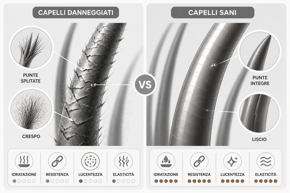 Close-up di ciocche di capelli danneggiati con doppie punte e sfibramento evidente accanto a capelli sani e luminosi su sfondo bianco naturale