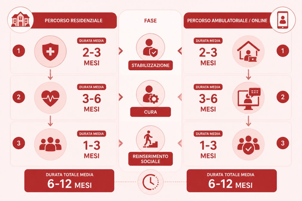 Diagramma di flusso che confronta il percorso residenziale con quello ambulatoriale/online, mostrando le fasi di stabilizzazione, cura e reinserimento sociale con durate medie di 6-12 mesi