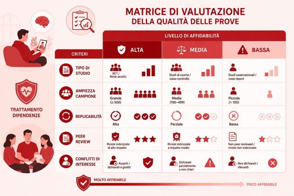 Matrice di valutazione della qualità delle prove: righe = criteri (tipo di studio, ampiezza campione, replicabilità, peer review, conflitti di interesse), colonne = livelli di affidabilità (alta, media, bassa), con indicatori visivi per ciascuna combinazione