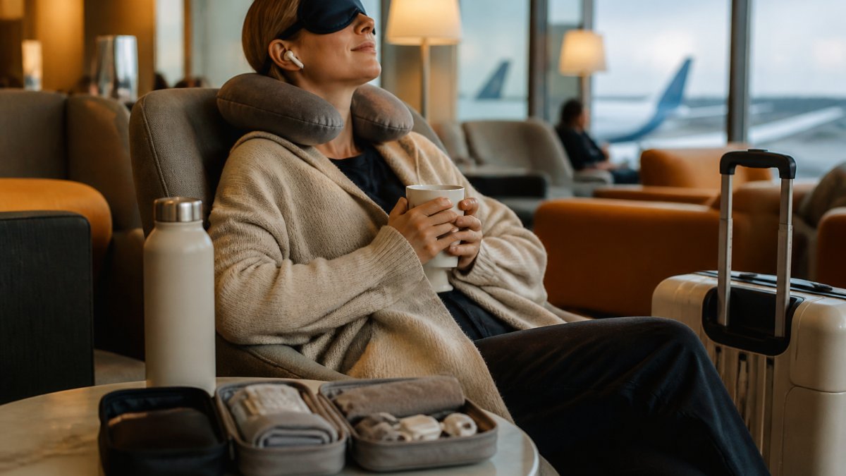 Traveler in a comfortable airport lounge using a memory foam eye mask and translation earbuds, surrounded by organized travel essentials with warm ambient lighting
