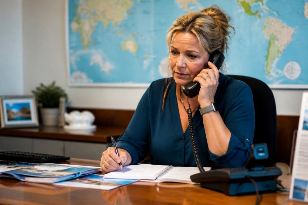 Travel agent providing emergency support on the phone while reviewing flight data in a bright office