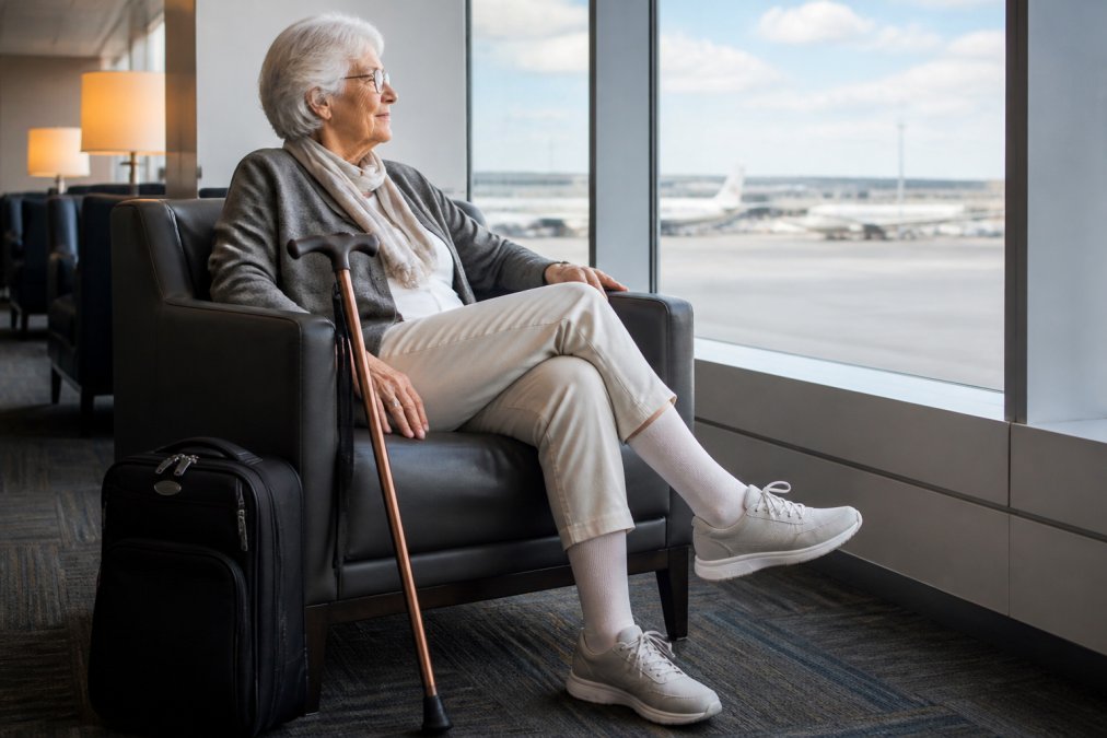 An elderly woman sitting comfortably in an airport lounge chair, wearing compression socks and supportive walking shoes, with a foldable cane resting beside her and a lightweight carry-on bag nearby