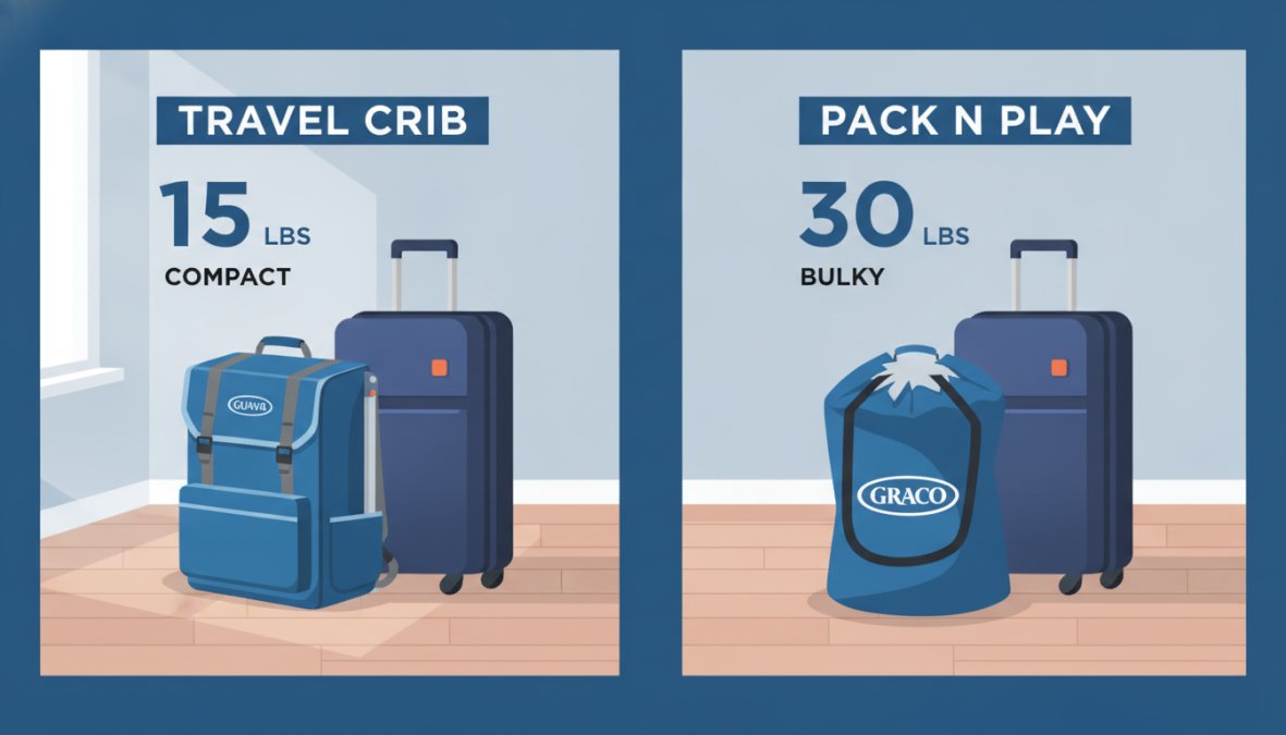 A folded Guava Lotus travel crib in its backpack carry case placed next to a folded Graco Pack n Play in its cylindrical carry bag, both sitting side by side on a light hardwood floor next to a packed rolling suitcase, showing the clear size and weight difference in natural indoor lighting