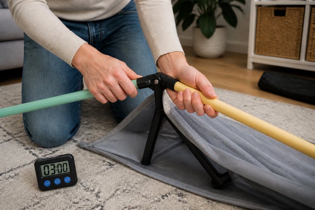 Close-up of a parent's hands assembling a travel crib frame, showing colour-coded poles and push-fit connectors, with a timer visible showing 3 minutes elapsed, illustrating intuitive assembly design and ergonomic ease
