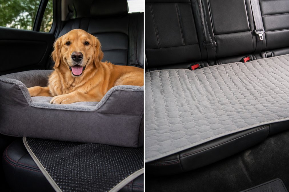 A golden retriever resting comfortably on a cushioned travel bed in a car backseat, with the non-slip backing visible securing the bed to the seat, showing the raised bolster sides and supportive design