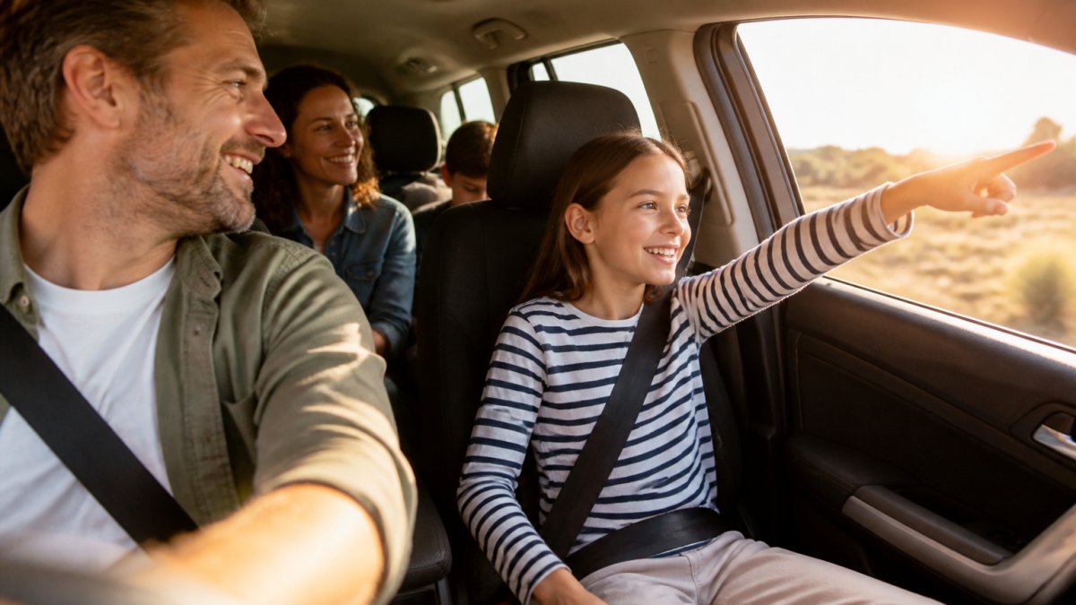 A family in a car, with an 8-year-old child smiling and pointing out the window during a travel game with a parent in the front seat, sunlight streaming through the windows, relaxed and happy atmosphere