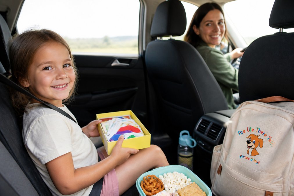 A child sitting in the back seat of a car holding a colorful card game box, smiling, with a parent in the front seat glancing back, natural daylight through the window, travel bag and snacks visible beside them