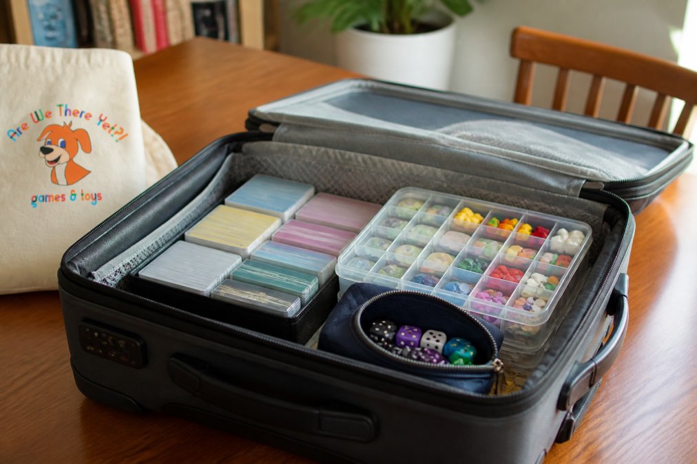 Diagram showing how to organize a travel games carry-on with neatly stacked boxes and containers for efficient packing.