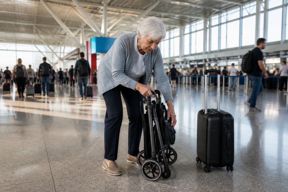 Older adult folding a lightweight rollator in an airport terminal next to a carry-on bag