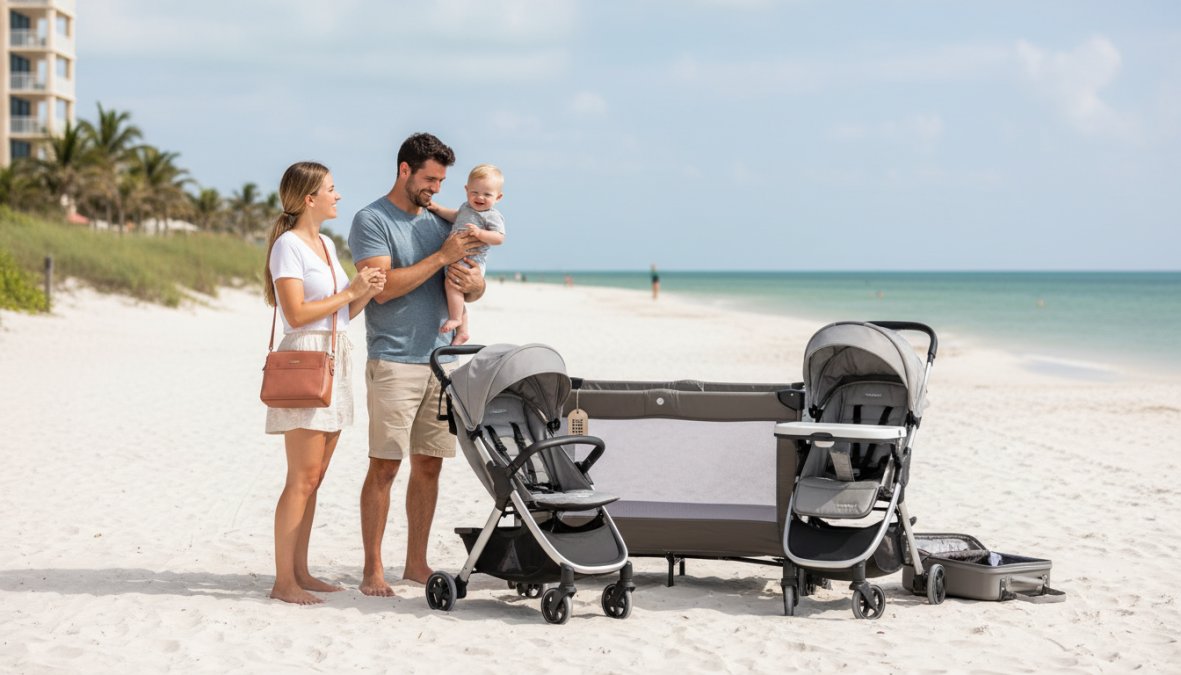 A smiling parent arriving at a sunny Florida vacation rental with just a carry-on bag, greeted by a neatly set up white crib and compact stroller already arranged in a bright, airy room with coastal decor