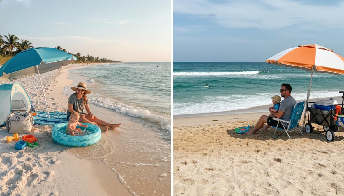 A toddler in a yellow sun hat playing in calm, ankle-deep turquoise water on a white sand Florida beach, with a parent sitting nearby under a large blue beach umbrella, a colorful beach wagon and folded towels visible in the background
