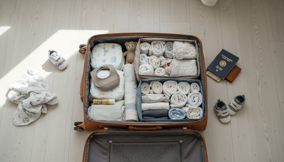 Flat lay of a neatly organized open suitcase with baby clothes rolled in packing cubes, a small diaper bag, a baby carrier, and travel-sized baby essentials arranged on a bright wooden floor