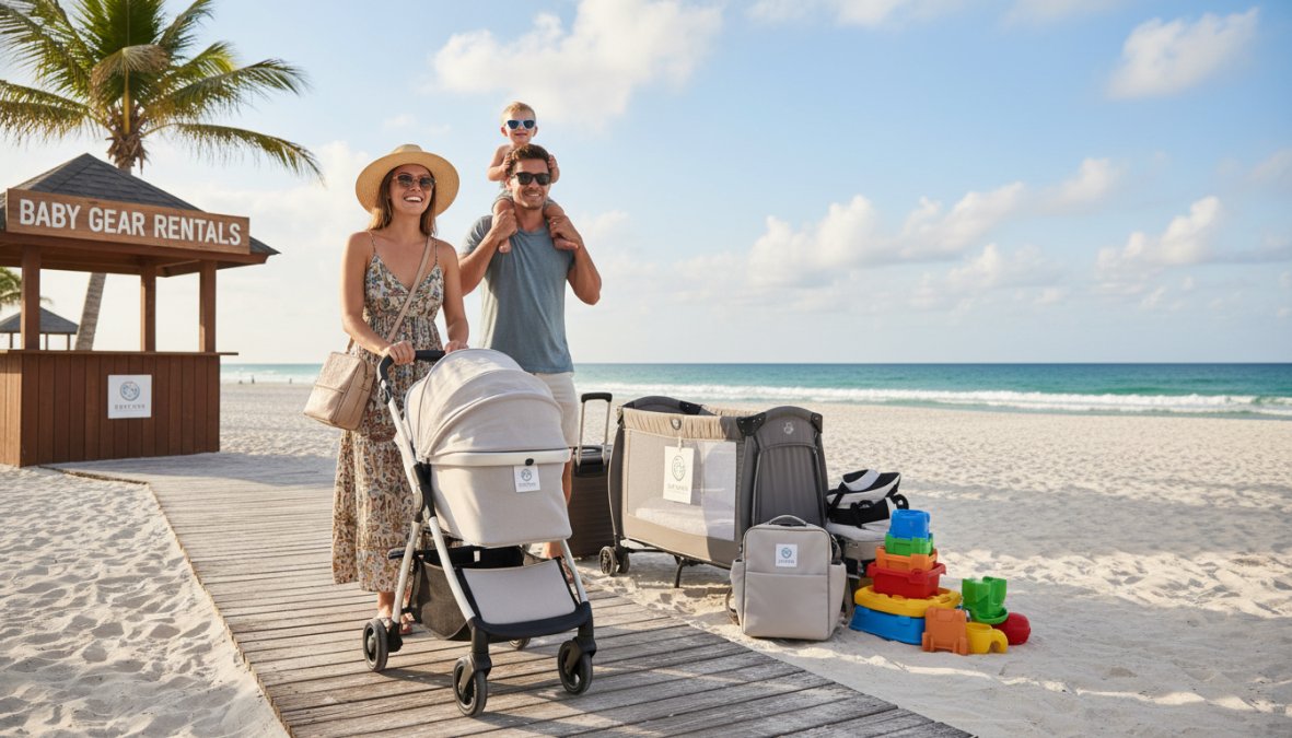 Smiling parent arriving at a sunny vacation rental in Florida, greeted by neatly arranged baby gear including a pack n play, stroller, and high chair set up and ready to use near the front door in warm afternoon light