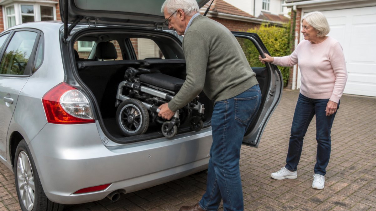 An older adult lifting a folded electric wheelchair into the boot of a small car with assistance.