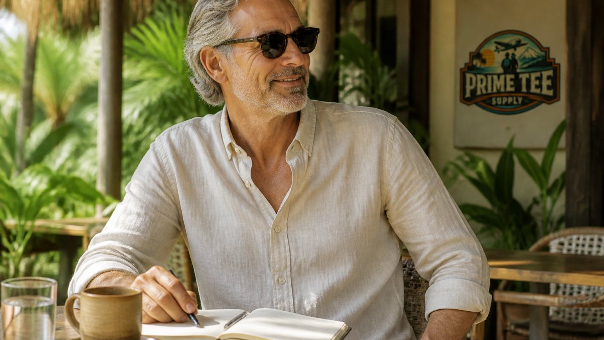Traveler wearing a relaxed-fit linen shirt in a warm, humid outdoor café setting, showing how the fabric drapes and allows air circulation while seated at a small table with coffee and a notebook