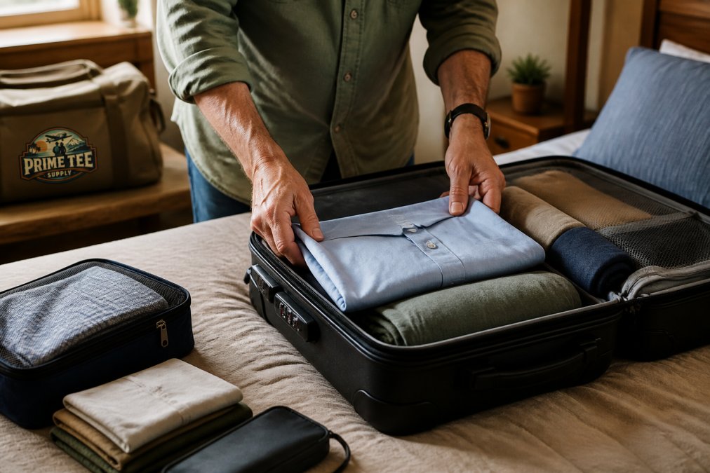 Hands carefully folding button-down travel shirts using the bundle method inside a suitcase on a bed