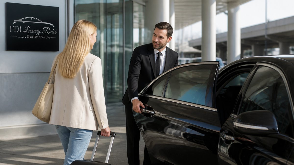 Professional driver assisting a passenger with luggage during travel Tampa airport to St. Pete Beach in a luxury car.
