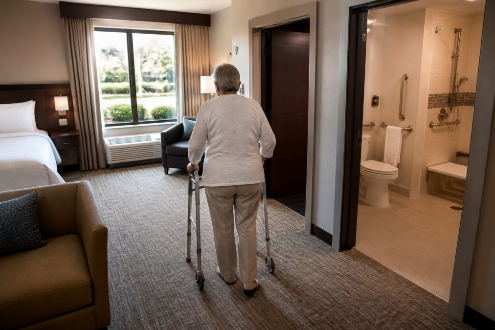 Senior traveler with a walker entering an accessible hotel room with grab bars, applying travel tips for elderly with