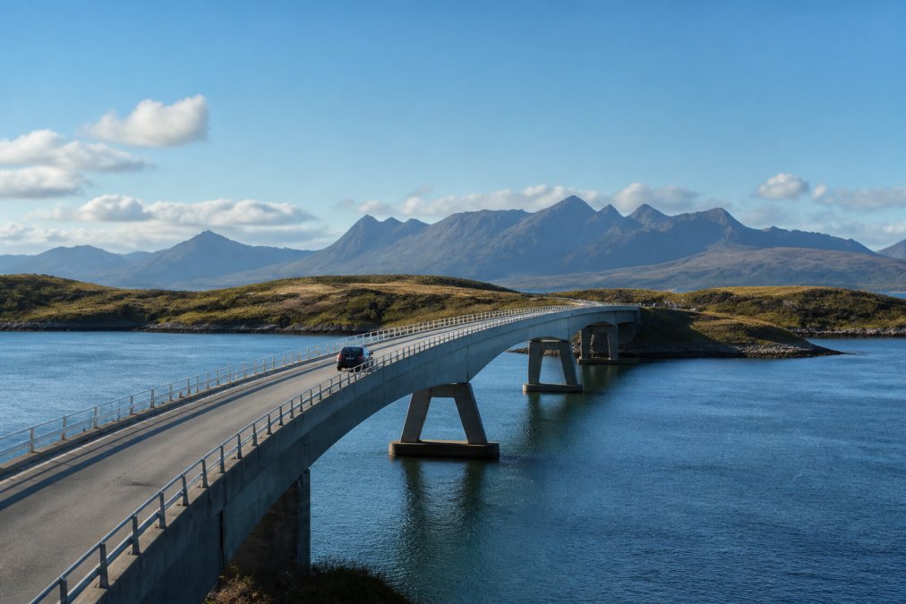 A car crossing the Skye Bridge on a bright day, Cuillin mountains in the distance and calm water below