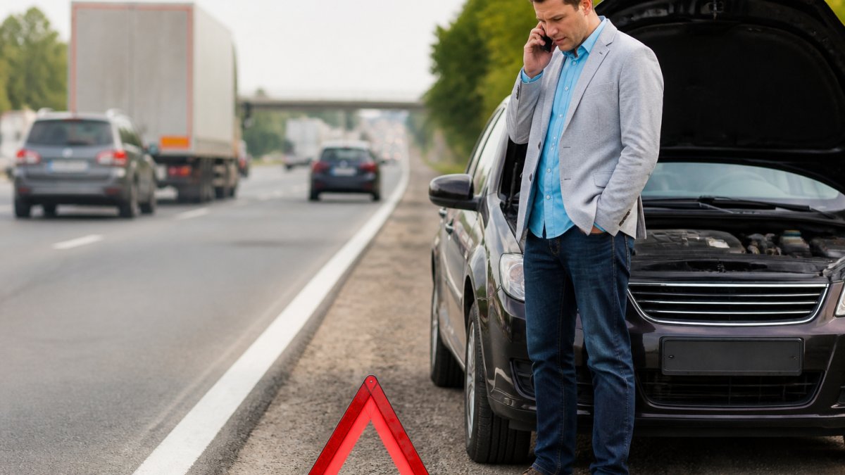 A driver on a highway shoulder calling for emergency car repair with a hood up and safety triangle visible