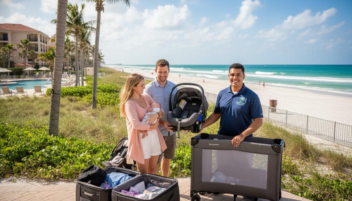 A smiling parent standing at the open front door of a bright, sun-filled Florida vacation rental home, greeting a delivery person in a branded shirt who is handing over a neatly assembled crib and stroller on a sunny morning