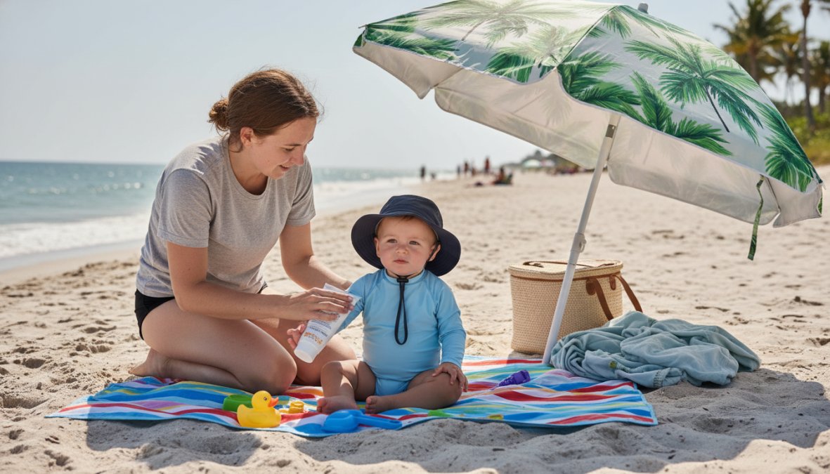A baby wearing a wide-brim sun hat and long-sleeve UV-protective swimwear sitting under a beach shade tent on a bright sandy Florida beach, with a parent kneeling nearby applying sunscreen to the baby's arms, gentle waves visible in the background
