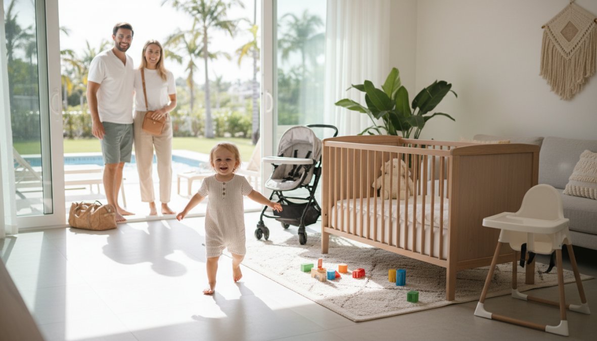 Happy family with a toddler arriving at a bright, airy vacation rental in Northeast Florida, a freshly set-up white crib and compact stroller visible in the background, parents smiling and luggage-free in warm afternoon light