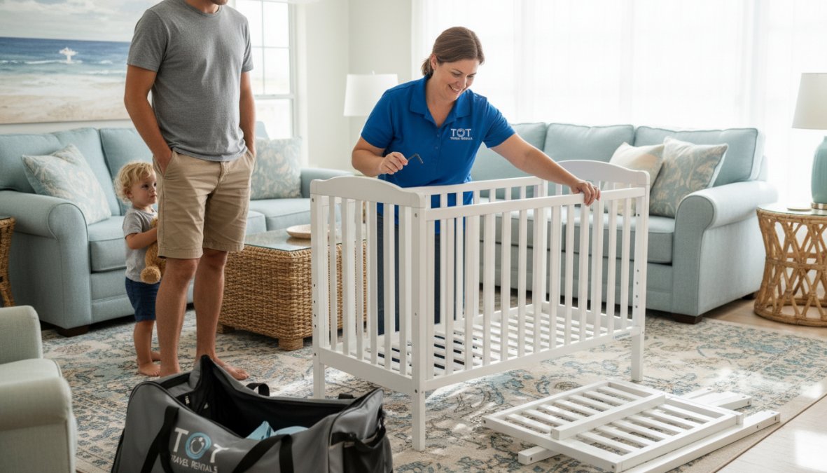 A delivery person in a branded shirt carefully setting up a clean white crib inside a sunny vacation rental living room, a parent watching nearby with a toddler on their hip, warm natural light through large windows