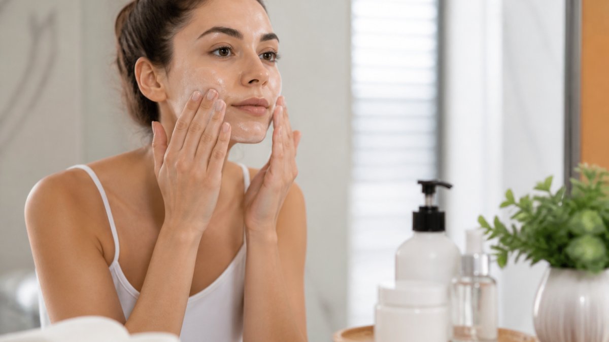 Person applying a gentle cleanser and moisturizer to their face at a bathroom sink, showing proper skincare application technique with natural lighting