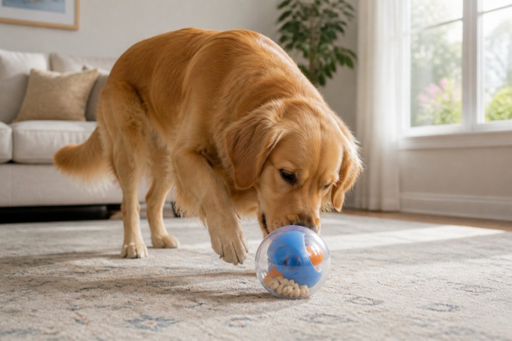 A dog intently focused on rolling an interactive puzzle ball toy, treats visible inside through clear plastic sections, with a living room background showing engaged play and natural window lighting