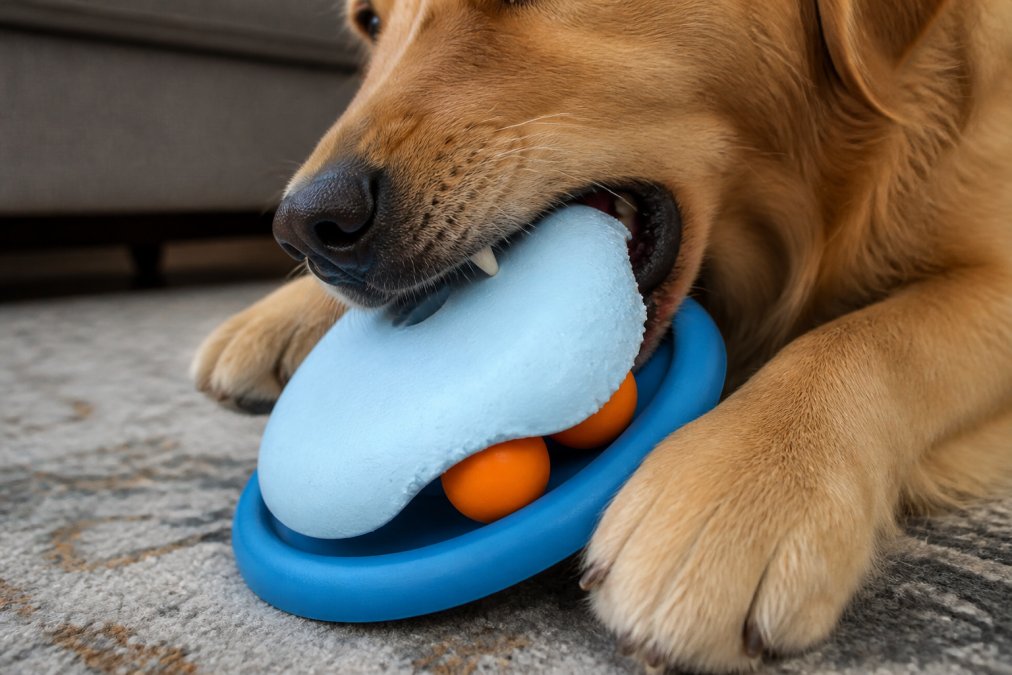 Close-up of a dog's mouth gripping a thick, textured rubber treat dispensing toy, showing the toy's reinforced construction and deep bite marks, with the toy's durable structure clearly visible