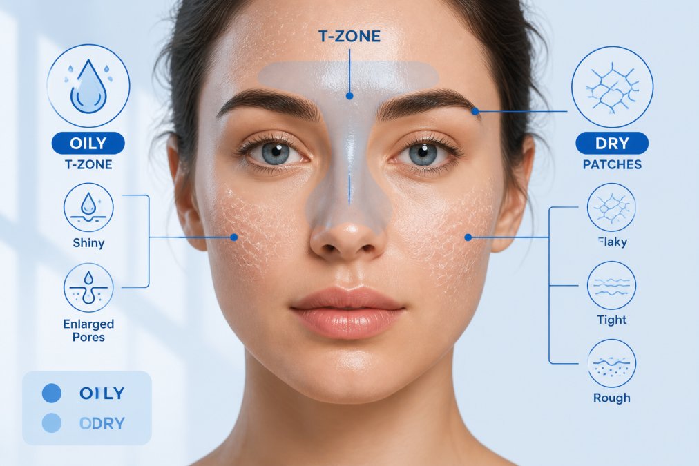 Close-up of a person's face showing mixed skin texture with visible oily T-zone and dry patches on cheeks and temples, natural window lighting
