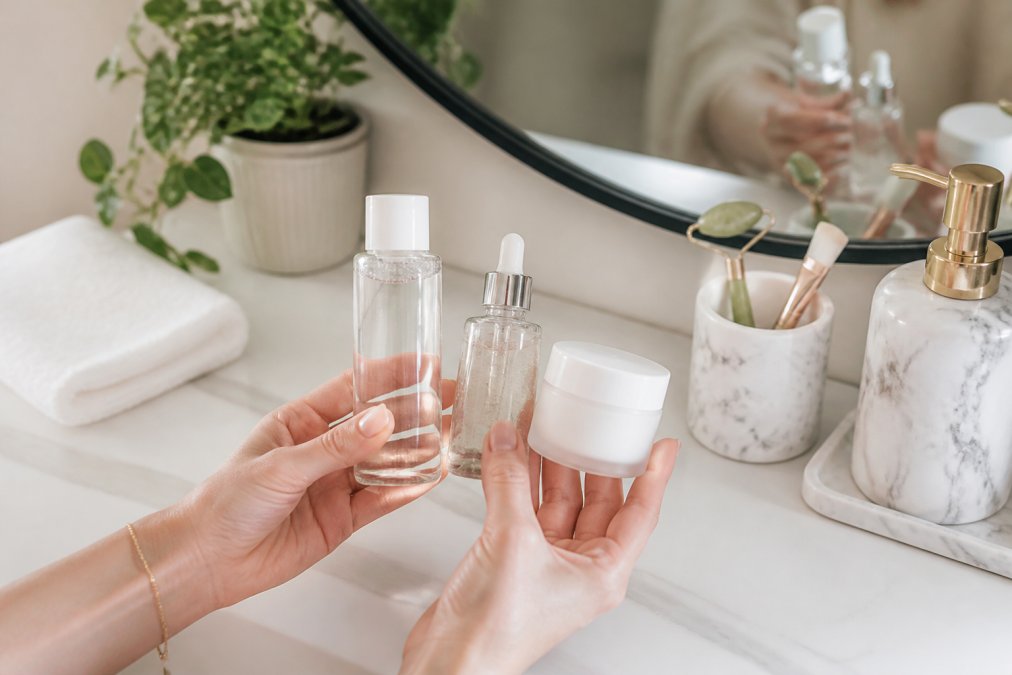 Hands holding an array of skincare products including toner, serum, and lightweight moisturizer arranged on a clean white surface with a mirror and skincare tools in background