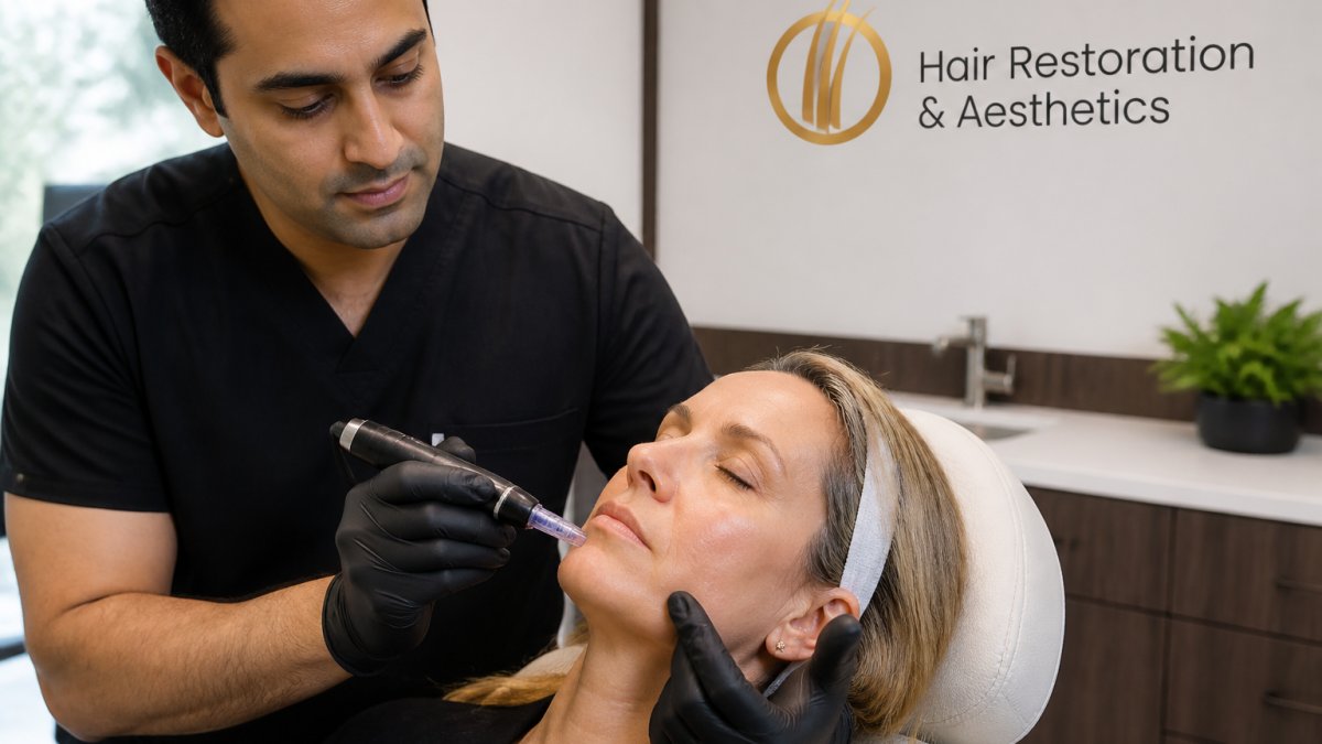 Professional demonstrating microneedling technique on patient's lower face and mouth area in modern clinical setting with bright lighting