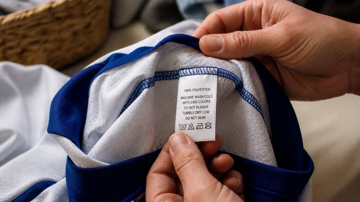 Close-up of hands holding a polyester sports jersey showing the care label with fiber content and washing instructions clearly visible