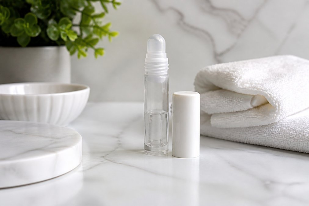Close-up of LipCur product bottle with application applicator next to a lip care treatment setup on clean white background with professional lighting