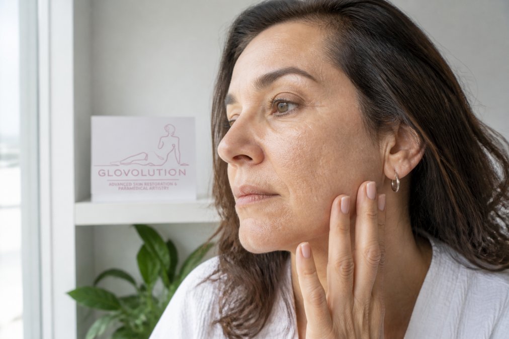 Woman in her 40s examining her skin in natural light, showing texture and fine lines on her face, standing near a window with natural morning light