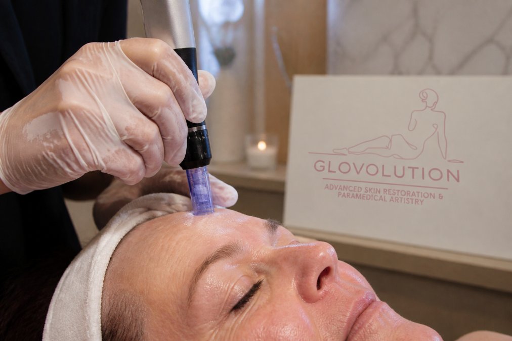 Close-up of professional microneedling device positioned over mature skin during clinical treatment, showing precise needle depth with clinical lighting in a treatment room