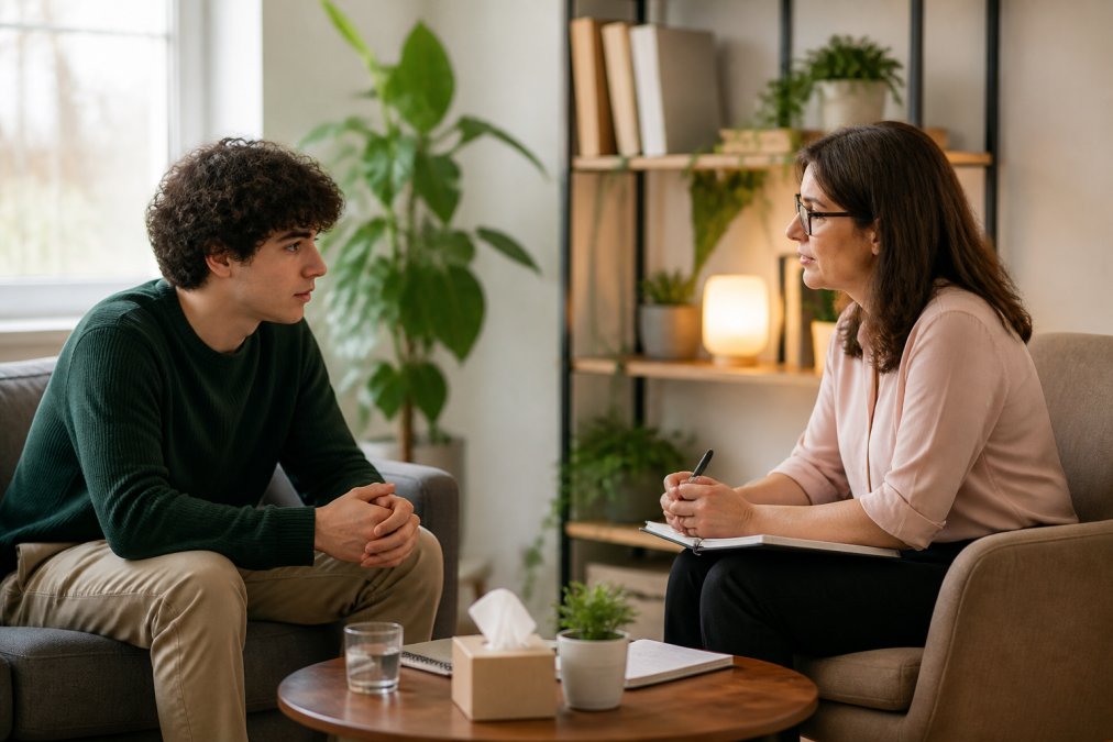 A young adult sitting across from a therapist in a calm, well-lit therapy office, both engaged in conversation with notebooks on the table