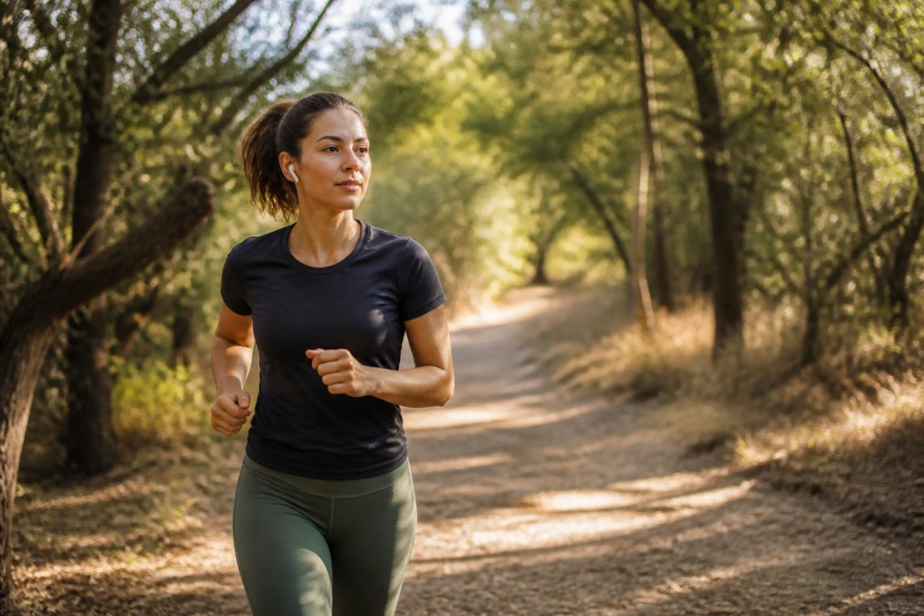 A young adult jogging outdoors on a sunny morning trail, looking relaxed and focused, with earbuds in and dappled sunlight filtering through trees