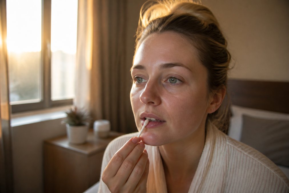 Person applying topical cold sore treatment to lip with small applicator, early morning light from window